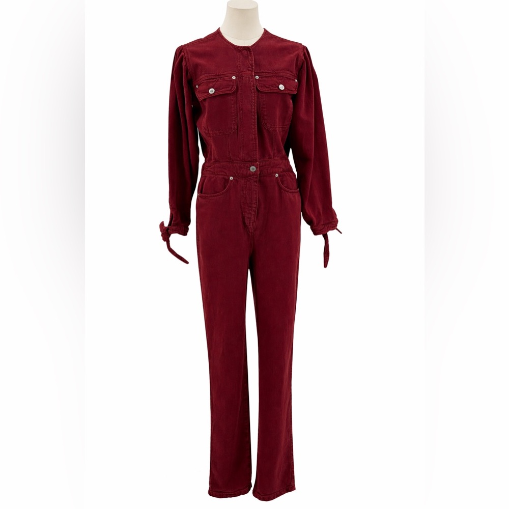 Zara The 80s Devon Burgundy Jumpsuit Long Sleeve Utility Romper Button Front - Picture 2 of 16